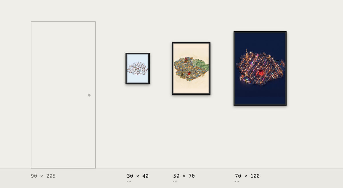 Isoville print formats 30 x 40, 50 x 70 and 70 x 100 cm shown to scale next to a door