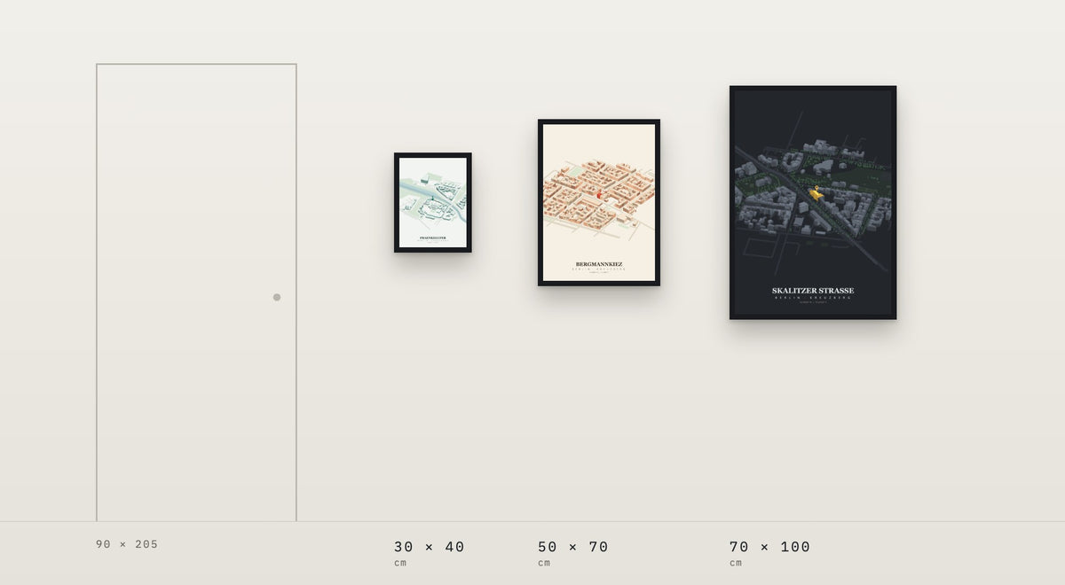 Isoville print formats 30 x 40, 50 x 70 and 70 x 100 cm shown to scale next to a door