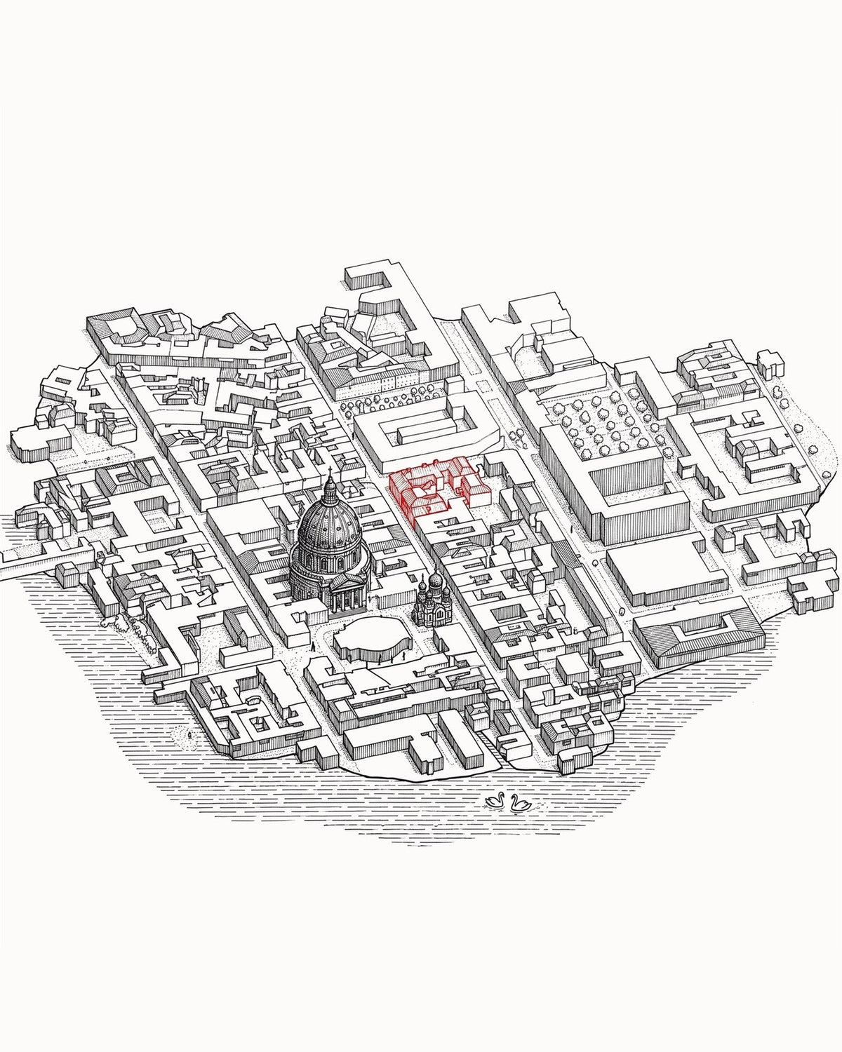 Line Art – example of the finished print, isometric neighbourhood as fine ink drawing
