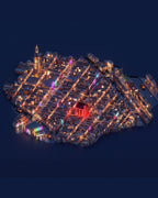 Neon Nights – example of the finished print, isometric neighbourhood at night in neon light