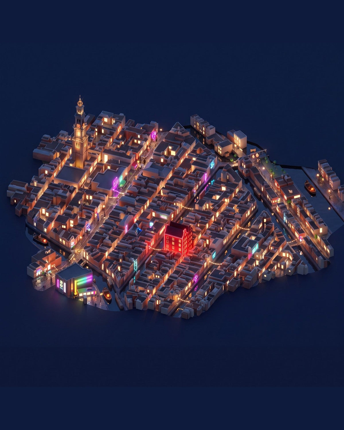 Neon Nights – example of the finished print, isometric neighbourhood at night in neon light