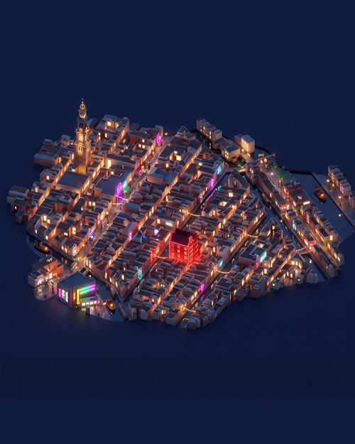 Neon Nights – example of the finished print, isometric neighbourhood at night in neon light